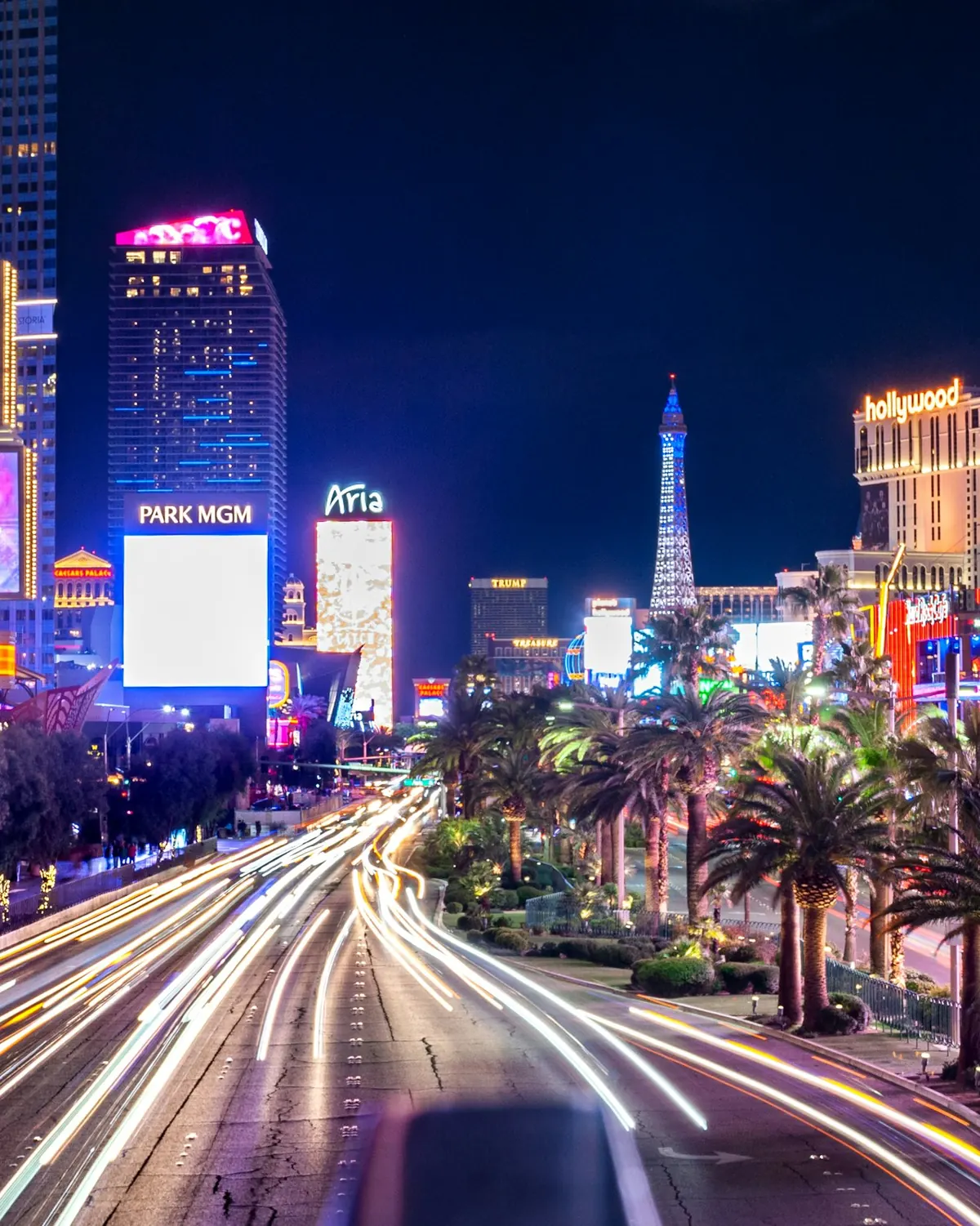 Light trails of traffic along the Las Vegas Strip at night