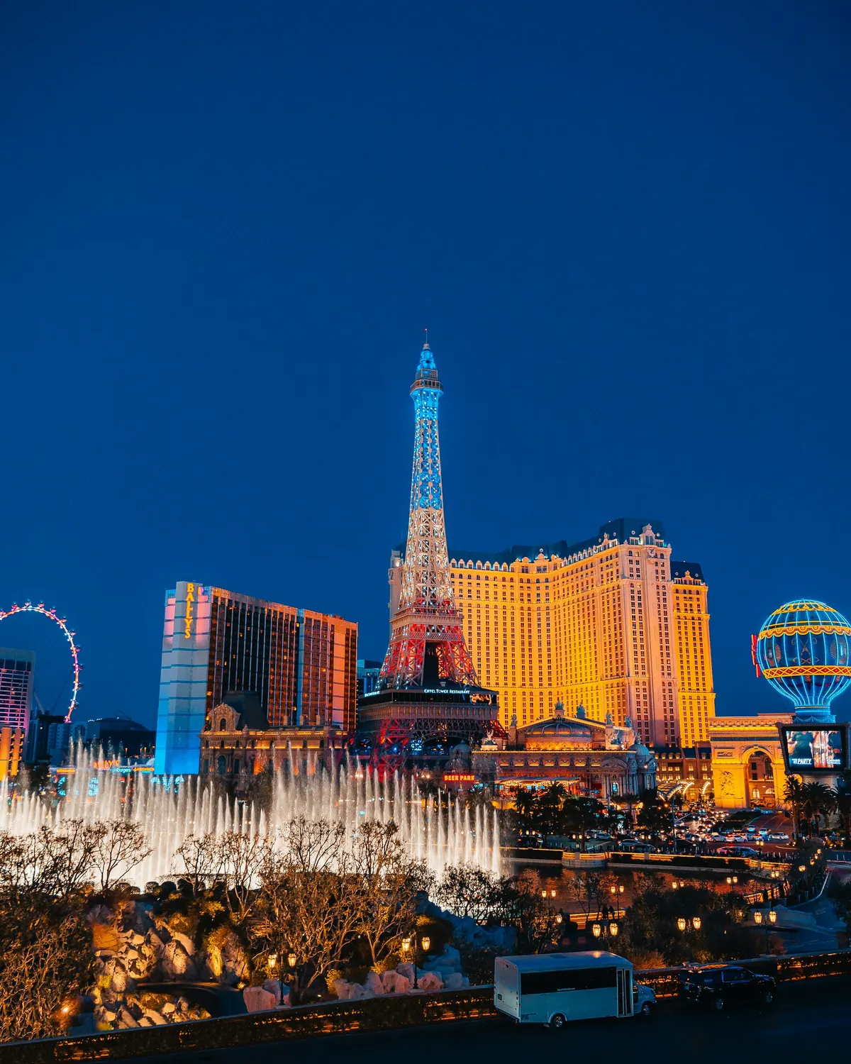 Las Vegas hotels and the Eiffel Tower replica at blue hour
