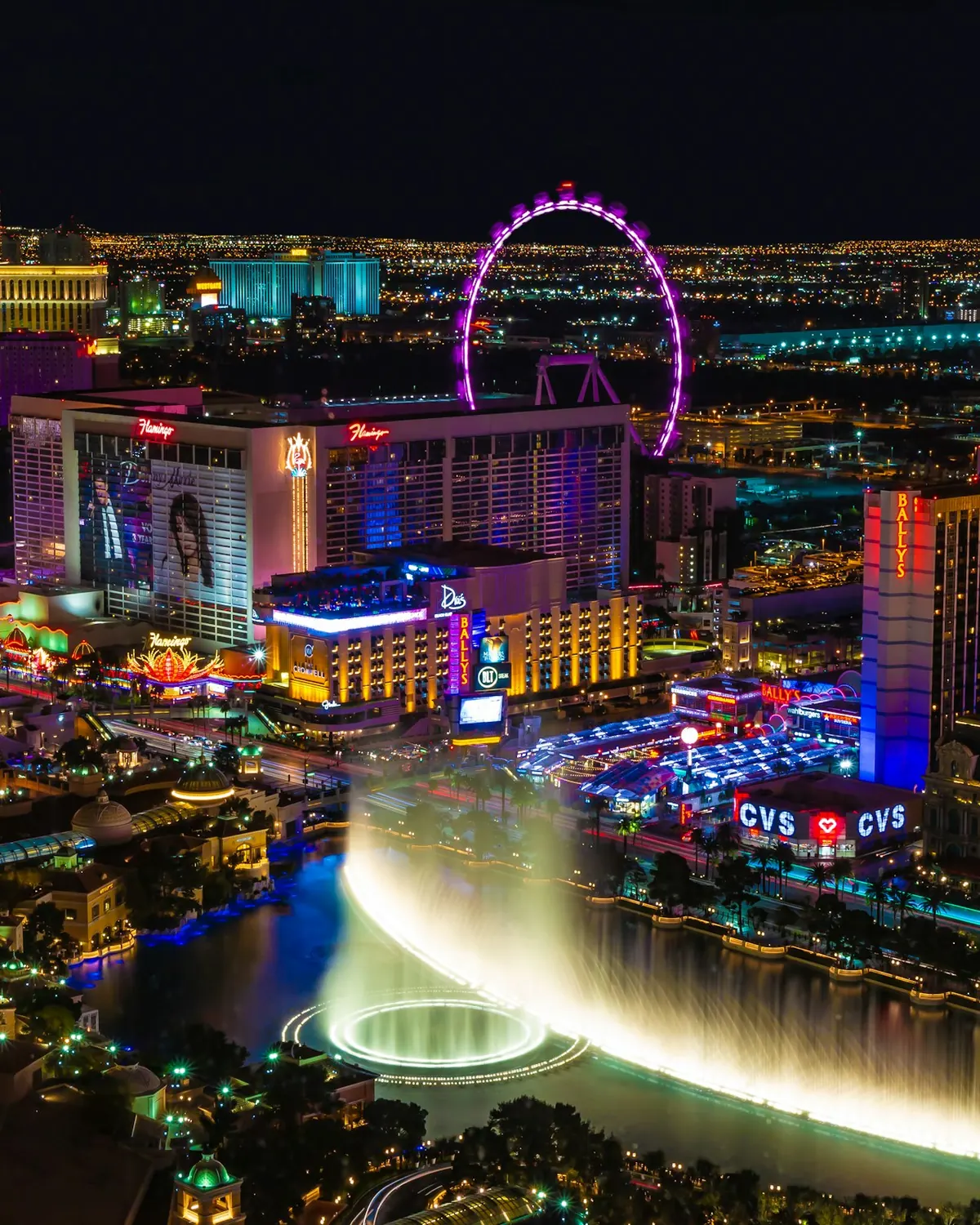 The Las Vegas Strip lit up at night, seen from above